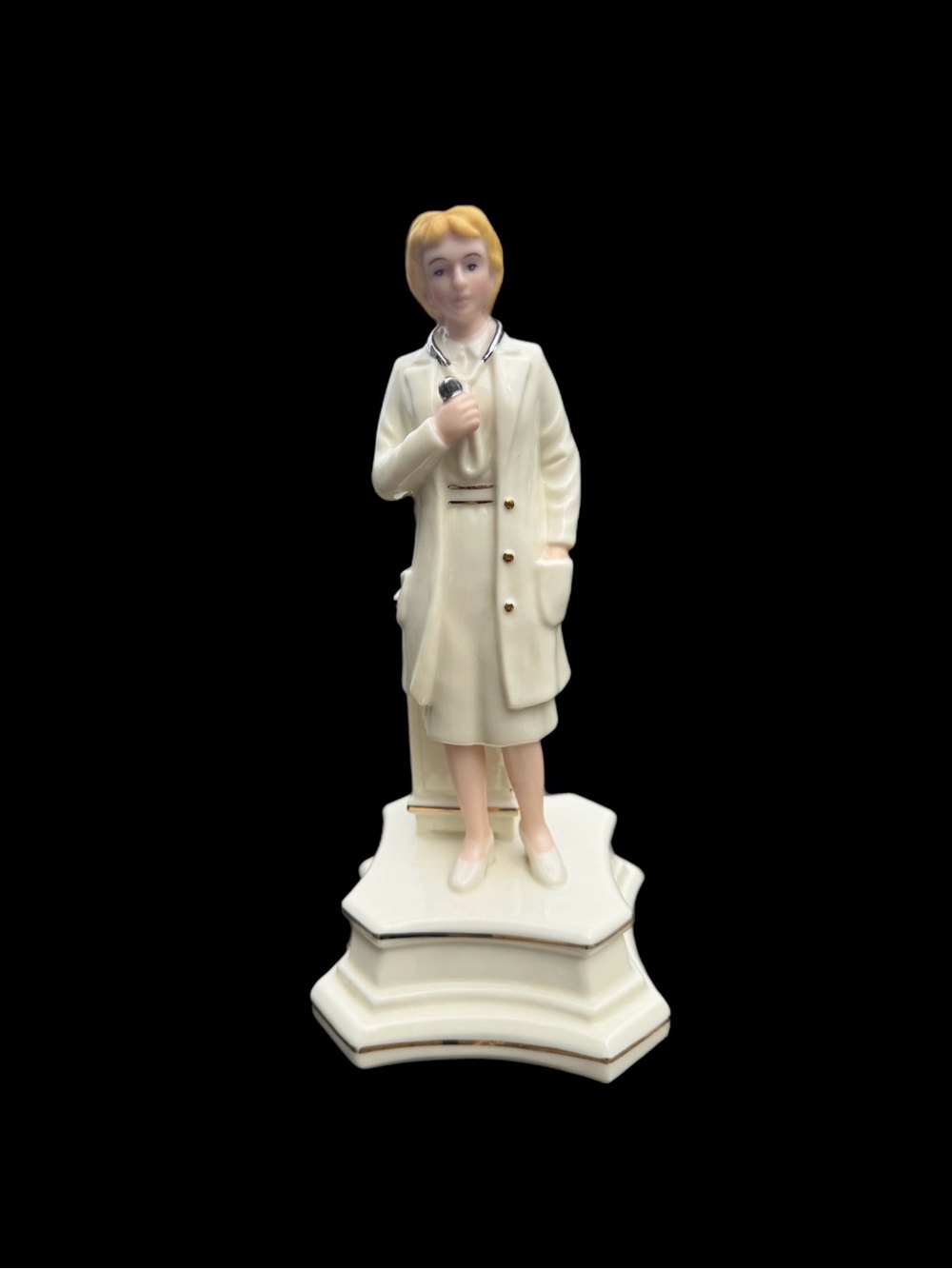 Vintage Porcelain Figurine of a Woman Doctor Nurse on Pedestal Music Box Gift!